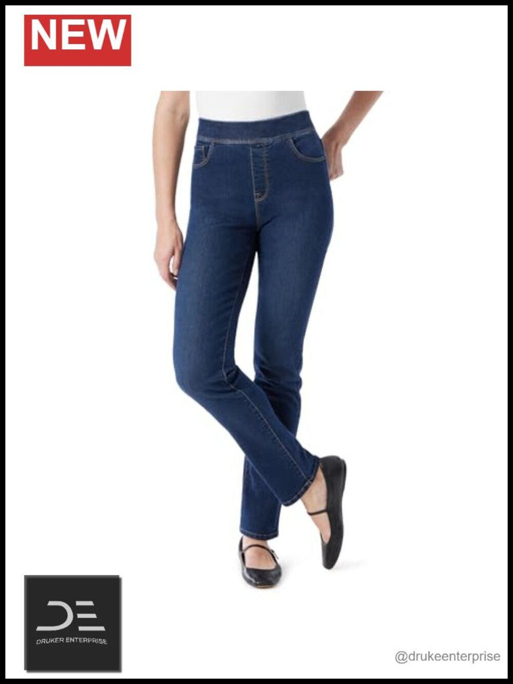 High Rise Pull On Stretch Straight Leg Jeans with Pockets, Women's Amanda